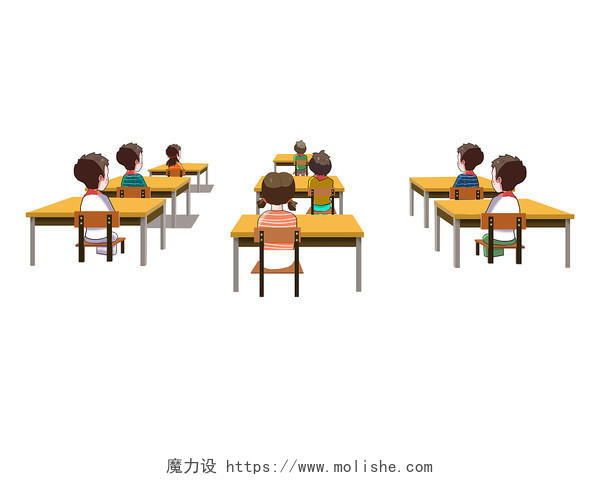 棕色手绘卡通课室教室桌子椅子讲台学生上课元素PNG素材